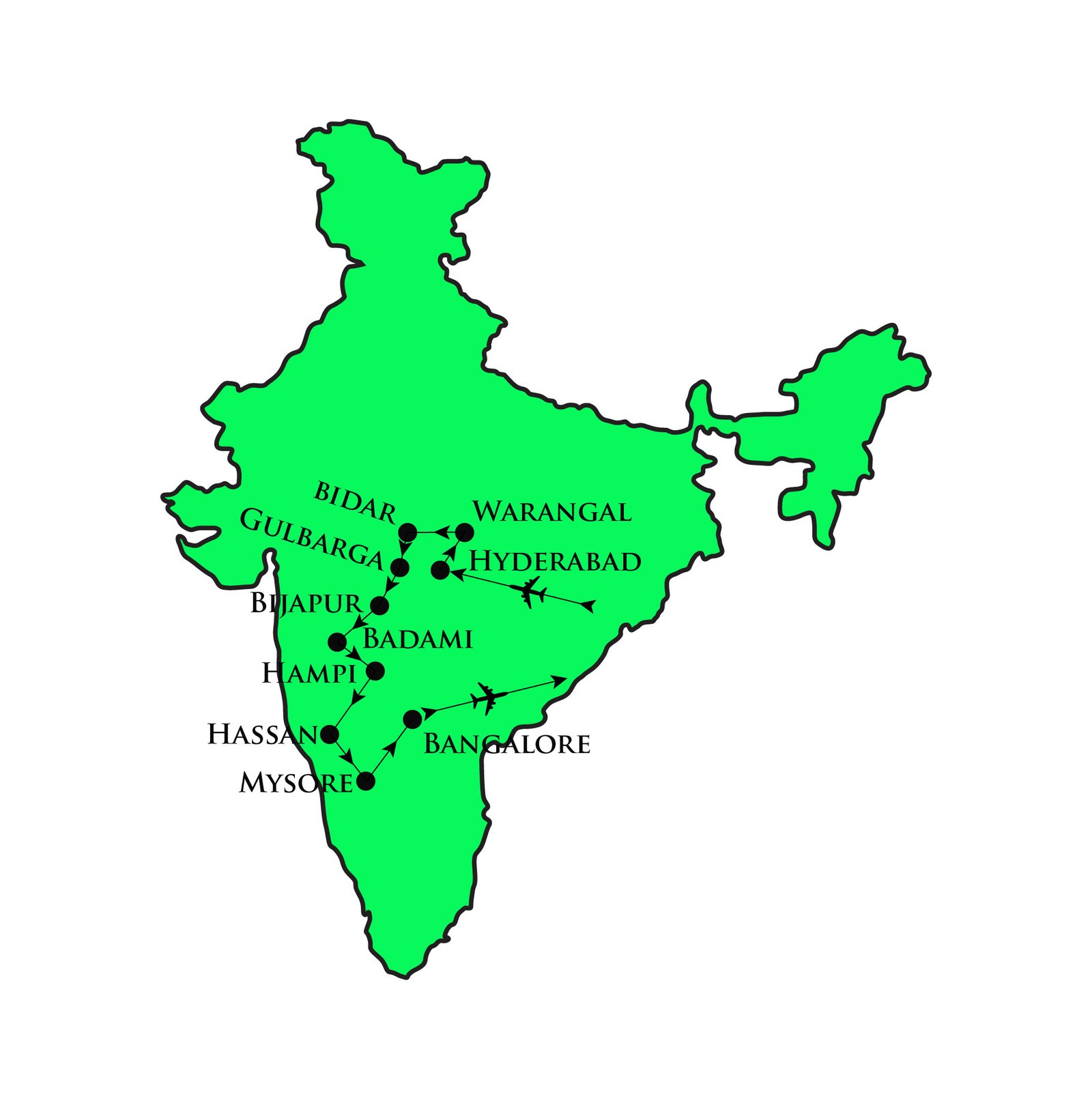 Map of South India itinerary